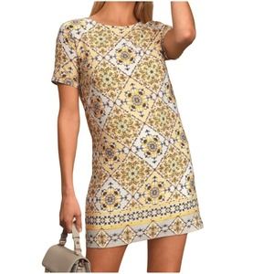 Lulus Women Dandy Lion Yellow Print Shift Mini Short Sleeve Summer Dress XS NWT